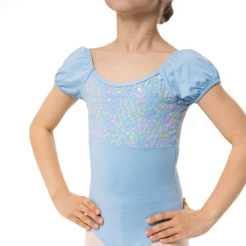Capezio Lotus leotard, cvjetni djevojački triko s kratkim rukavom - Svijetloplava Capezio